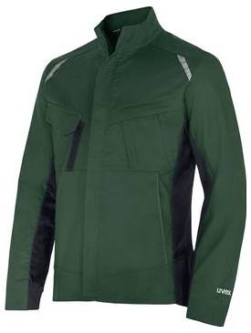 Grüne Langarm-Reißverschlussjacke mit hohem Kragen, schwarzen Seitenpaneelen, Brusttasche und kleinen reflektierenden Akzenten.
