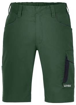 Dunkelgrüne Arbeitshorts mit Gürtelschlaufen und mehreren Taschen, einschließlich einer seitlichen Cargotasche mit der Aufschrift „uvex