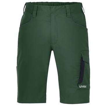 Dunkle grüne Arbeitshorts mit mehreren Taschen und einem „uvex