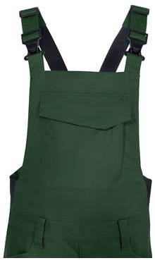 Grüne Latzhose mit verstellbaren Schultergurten und einer vorderen Brusttasche auf weißem Hintergrund.
