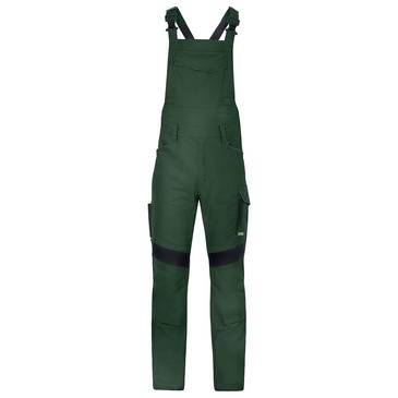 Dunkelgrüne Latzlatzhose mit verstellbaren Schultergurten, Knieflicken und seitlichen Cargo-Taschen auf weißem Hintergrund.