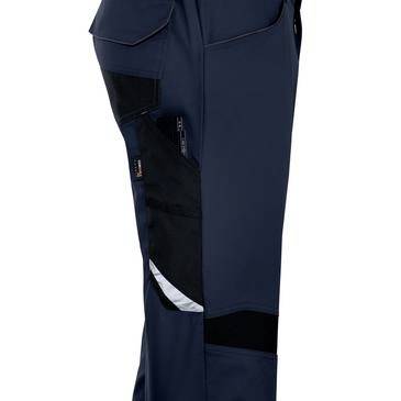 Marineblau Arbeitshose mit mehreren Reißverschlusstaschen und einem schwarzen Knieversteifungspanel am Bein.