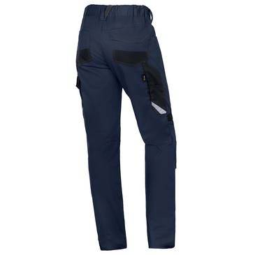 Marineblau Outdoor-Hose mit verstärkten schwarzen Paneelen und Reißverschluss-Cargo-Tasche.