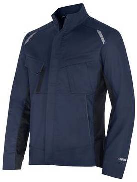 Marineblauwe Jacke mit langen Ärmeln und Reißverschluss, Brusttaschen und reflektierenden Schulterakzenten, auf weißem Hintergrund dargestellt.