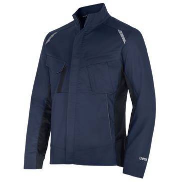 Marineblauue Arbeitsschutzjacke mit langem Arm, hohem Kragen, Brustentasche und reflektierendem Schulterelement auf einfachem weißem Hintergrund.