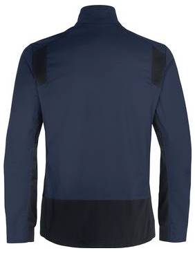 Rückansicht eines dunkelblauen Langarm-Pullover mit Viertel-Reißverschluss mit schwarzen Schulter- und unteren Saumblenden, gezeigt auf weißem Hintergrund.