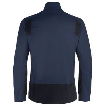 Marine Langarm-Zip-Neck-Sportjacke mit schwarzen Schulter- und unteren Rückenpaneelen, von hinten auf einfachem Hintergrund gezeigt.