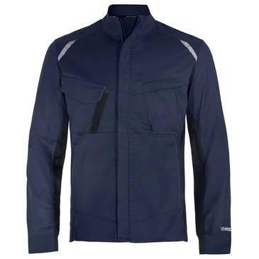 Marineblauwe Übergangsjacke mit Reißverschluss vorne, Stehkragen, Brust- und Seitentaschen sowie reflektierenden Schulterapplikationen.