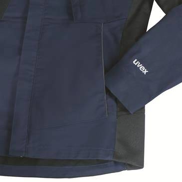 Marineblaue Arbeitsjacke mit Vordertasche und „uvex