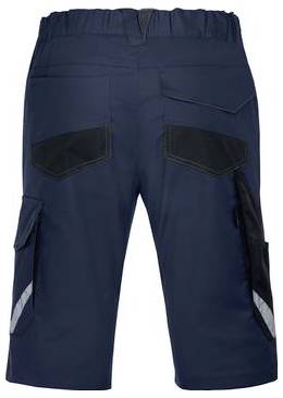 Marineblaue Cargo-Shorts mit elastischem Bund, mehreren Taschen und reflektierenden Seitenakzenten, von hinten auf weißem Hintergrund gezeigt.
