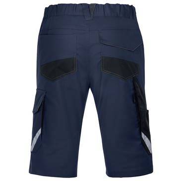 Marineblue Cargo-Shorts mit elastischem Bund, schwarzen Taschen-Akzenten und seitlichen Cargo-Taschen auf weißem Hintergrund.