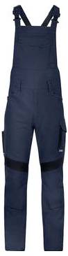Marineblauer Latzhosen-Overall mit verstellbaren Schultergurten und mehreren Cargotaschen, Vorderansicht auf weißem Hintergrund.