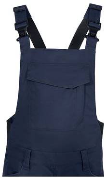 Marineblaue Latzoveralls mit verstellbaren Schultergurten und einer vorderen Brusttasche, auf weißem Hintergrund isoliert dargestellt.