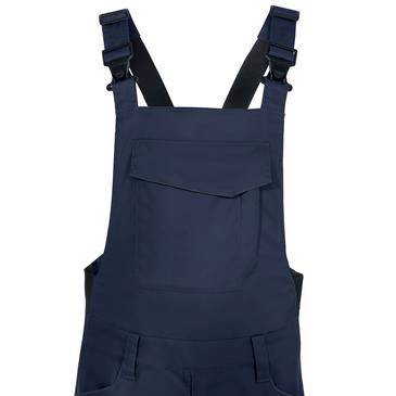 Marineblaue Arbeitsoveralls mit verstellbaren Schultergurten und einer vorderen Brustttasche auf weißem Hintergrund.