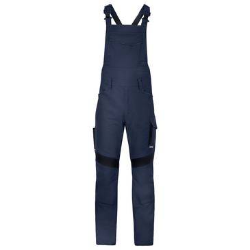Dunkelblaue Lätzchen-Overalls mit Schultergurten und Cargotaschen, Frontansicht auf weißem Hintergrund.