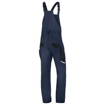 Dunkelblaue Arbeitsoveralls mit Schultergurten und mehreren Taschen, Vorderansicht auf weißem Hintergrund.