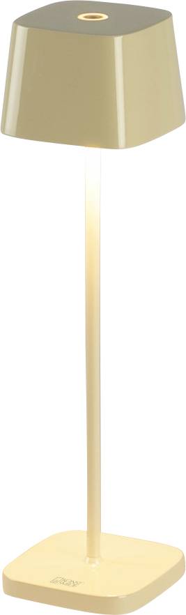 Goldene Tischleuchte mit quadratischer Basis, schlankem Schaft und sich verjüngtem Schirm, von oben beleuchtet.