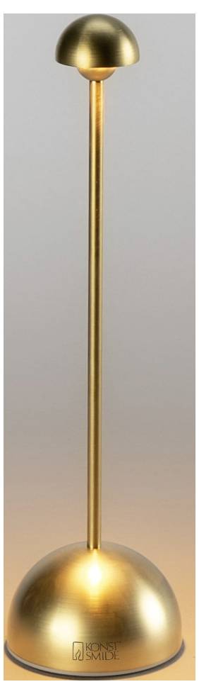 Eine goldene pilzförmige Tischlampe mit gewölbtem Oberteil und reflektierender Basis, beleuchtet vor einem einfachen Hintergrund.