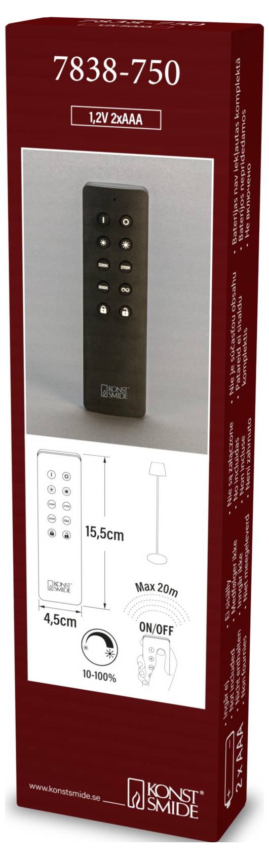 Verpackung für eine Konst Smide Fernbedienung, zeigt einen schwarzen 12V 2xAAA-Regler und Maßstabdiagramm mit Abmessungen 15,5 cm x 4,5 cm, maximale Reichweite 20 m und Ein-/Ausschalter, 10-100%-Funktionen.