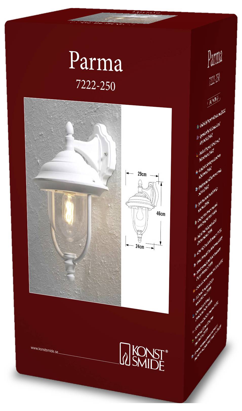 Rote Konst Smide 'Parma' Produktbox mit einer weißen Außenwandleuchte und einem Abmessungsdiagramm, Modell 7222-250.