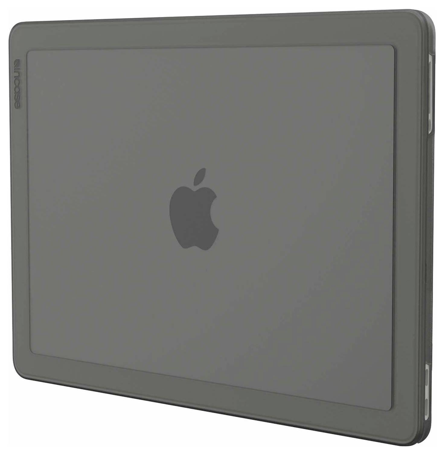 Grau iPad in einem dunklen Schutzgehäuse, von vorne gezeigt, mit dem zentrierten Apple-Logo auf dem Bildschirm.