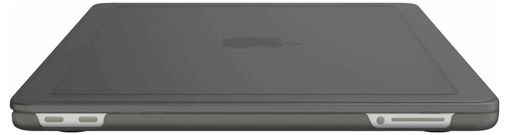 Geschlossener grauer Laptop aus der Seite betrachtet, der das schlanke Profil und die vorderen Anschlüsse zeigt.