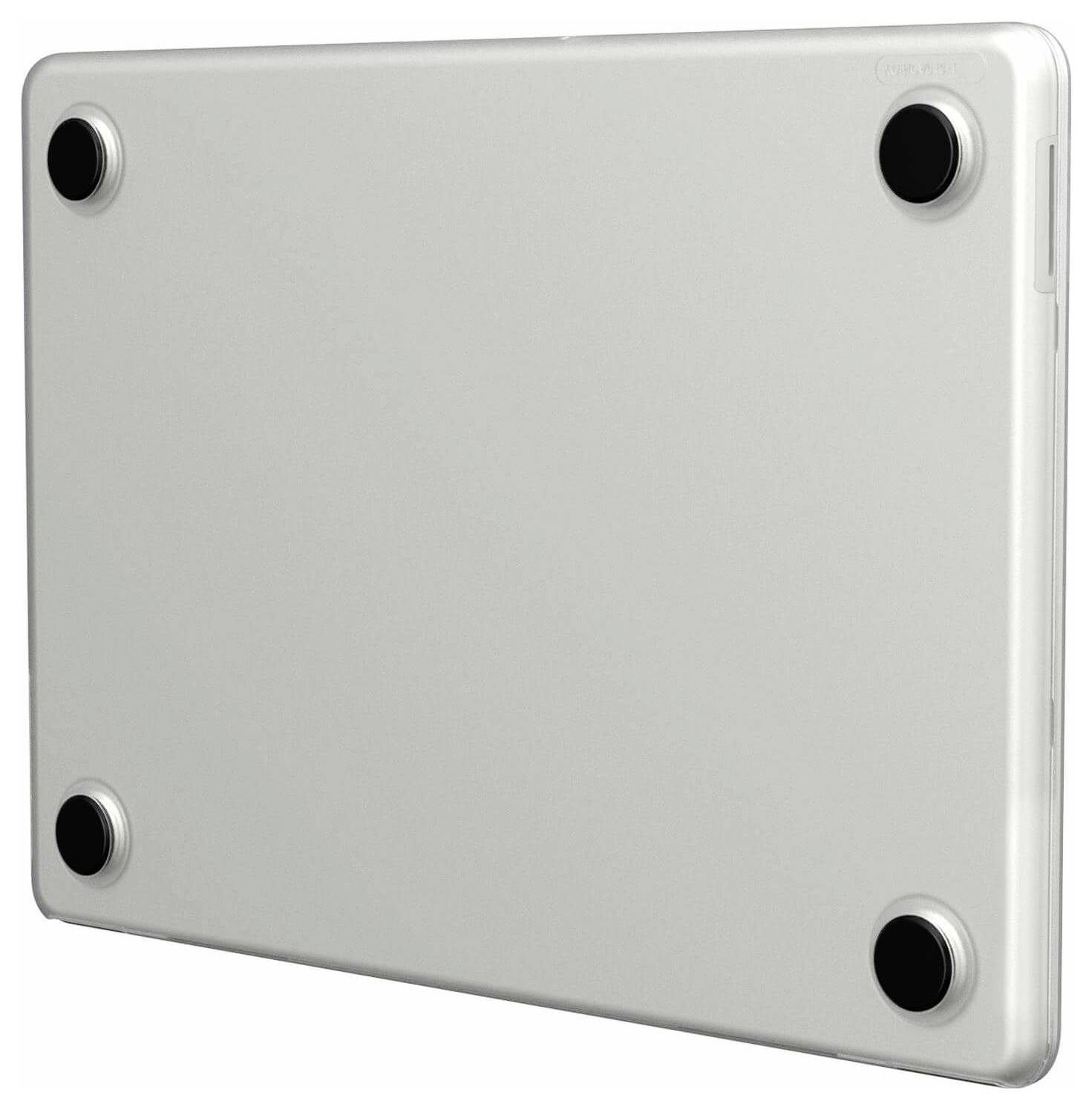 Silberne rechteckige Metallplatte oder -panel mit vier schwarzen kreisförmigen Ecklöchern, dargestellt vor weißem Hintergrund.
