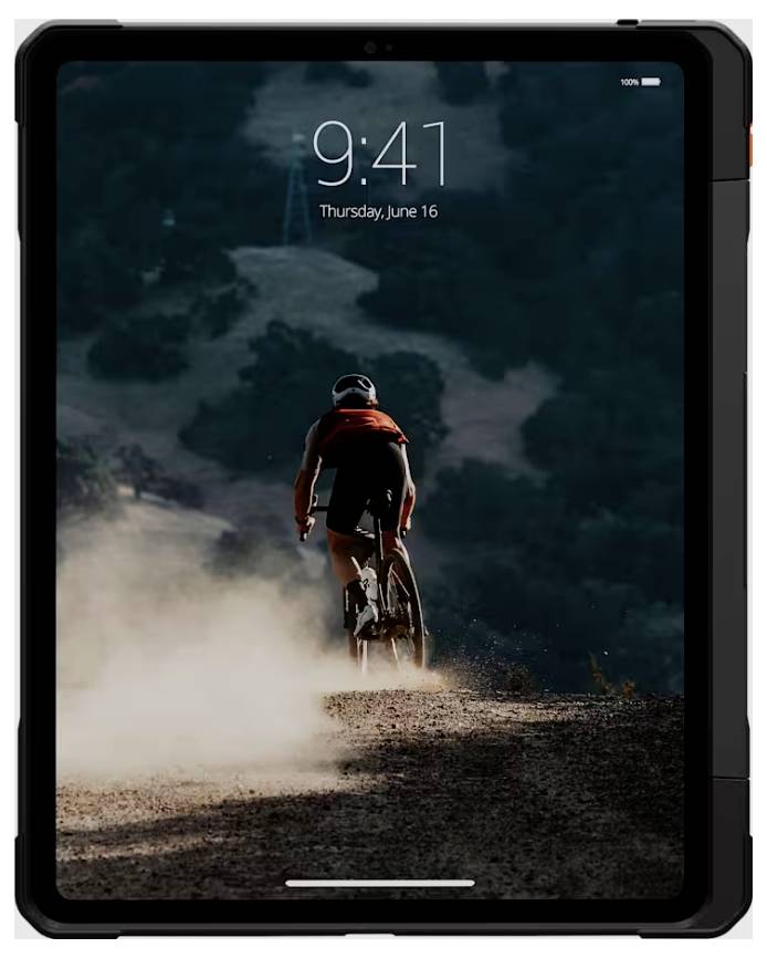 Sperrbildschirm eines Tablets, das einen Radfahrer zeigt, der auf einem staubigen Pfad davonfährt, mit der Uhrzeit 9:41 und dem Datum Donnerstag, 16. Juni oben angezeigt.