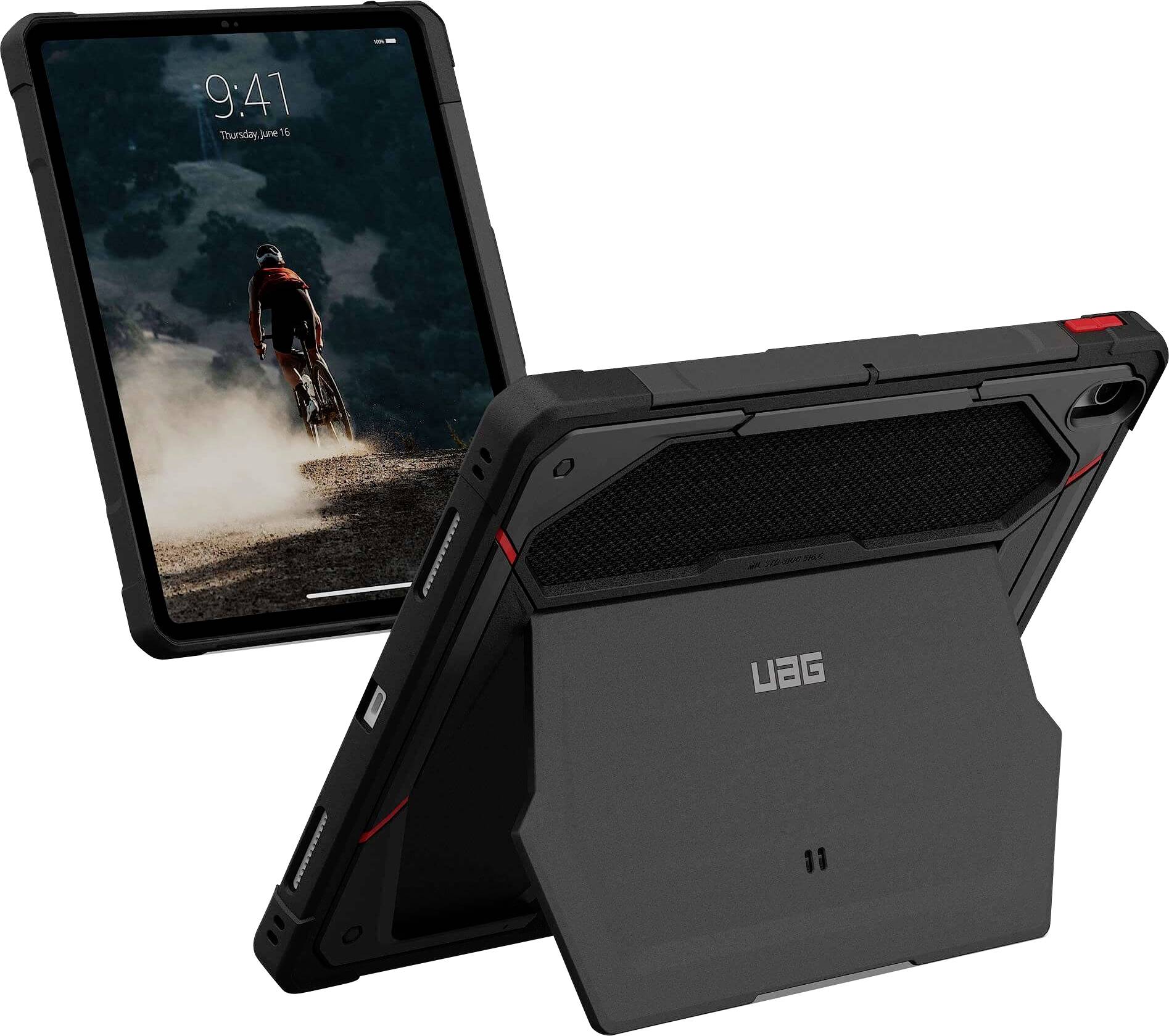 Schwarze robuste UAG-Tablet-Schutzhülle mit integriertem Ständer, geöffnet in Hochformat und Querformat auf einem Tablet mit Fahrrad-Hintergrund dargestellt.