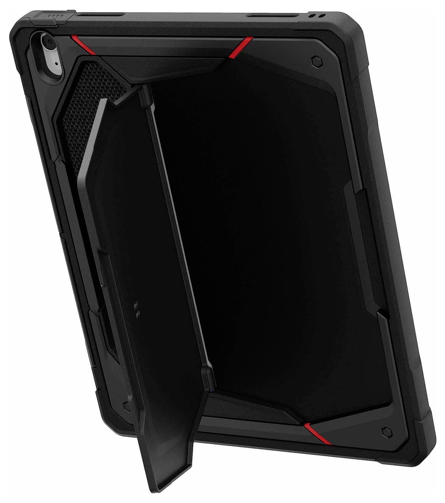 Schwarze robuste Tablet-Schutzhülle mit integriertem Ständer, geöffnet auf weißem Hintergrund dargestellt.