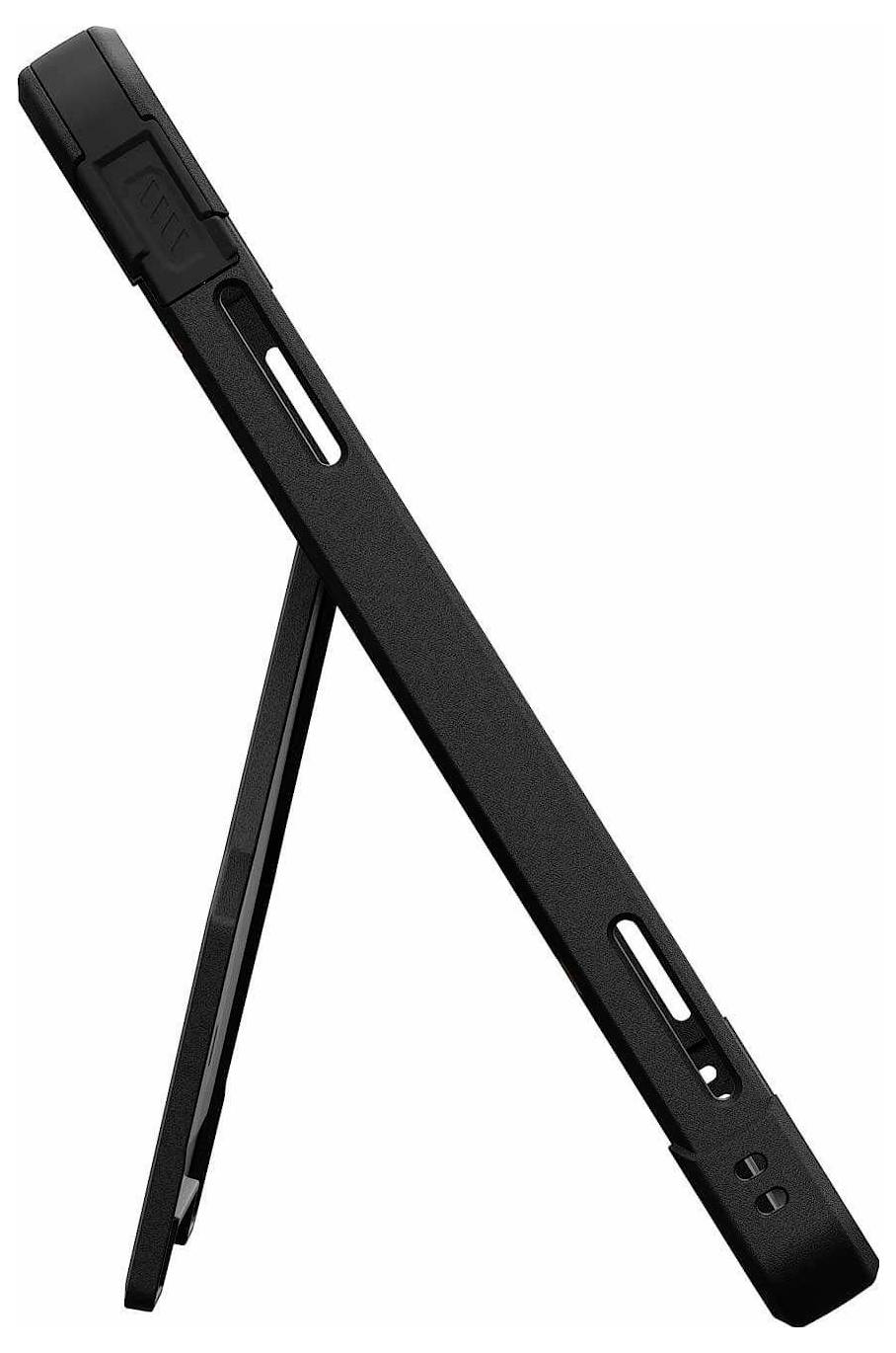 Schwarzer zusammenklappbarer Tabletständer, geöffnet in einem Winkel auf weißem Hintergrund dargestellt.