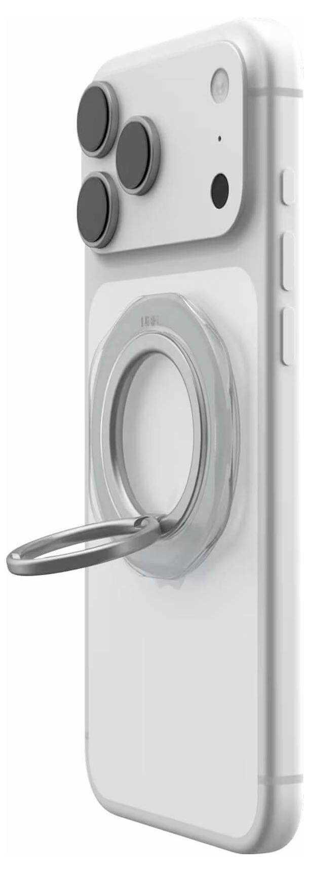 Smartphone mit einem grauen magnetischen Ringständer auf der Rückseite, das einen drehbaren Ringgriff und erhöhten Kamerasschutz auf einer hellen Hülle zeigt.