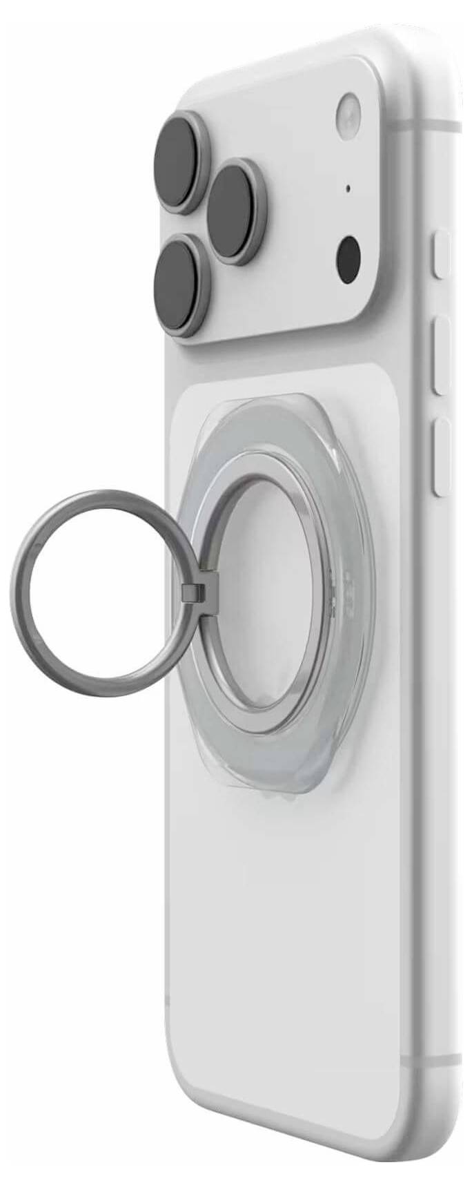 Nahaufnahme eines weißen Smartphones mit großem Kameramodul und angebrachtem Ringhalter auf der Rückseite, in schrägem Winkel gezeigt.
