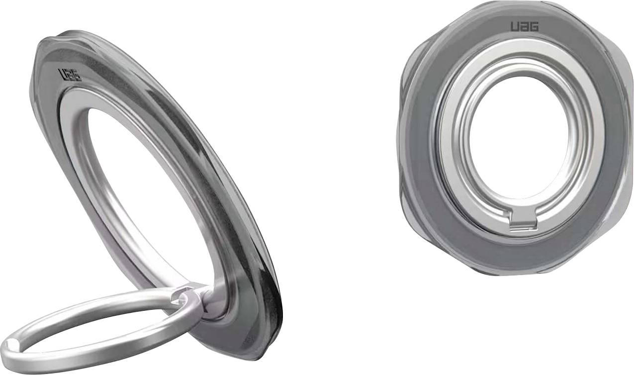 Silber-Metallrigging-Auge und Ring-Hardware in schräger Seitenansicht und Vorderansicht auf weißem Hintergrund.