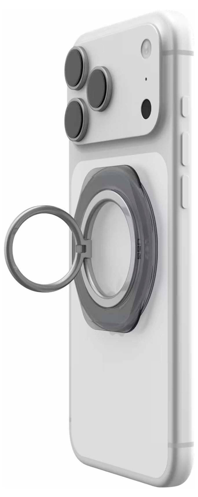 Nahaufnahme eines Smartphones mit einem magnetischen Ringgriff auf der Rückseite, der einen Kamerabuckel und ein Schutzgehäuse zeigt.