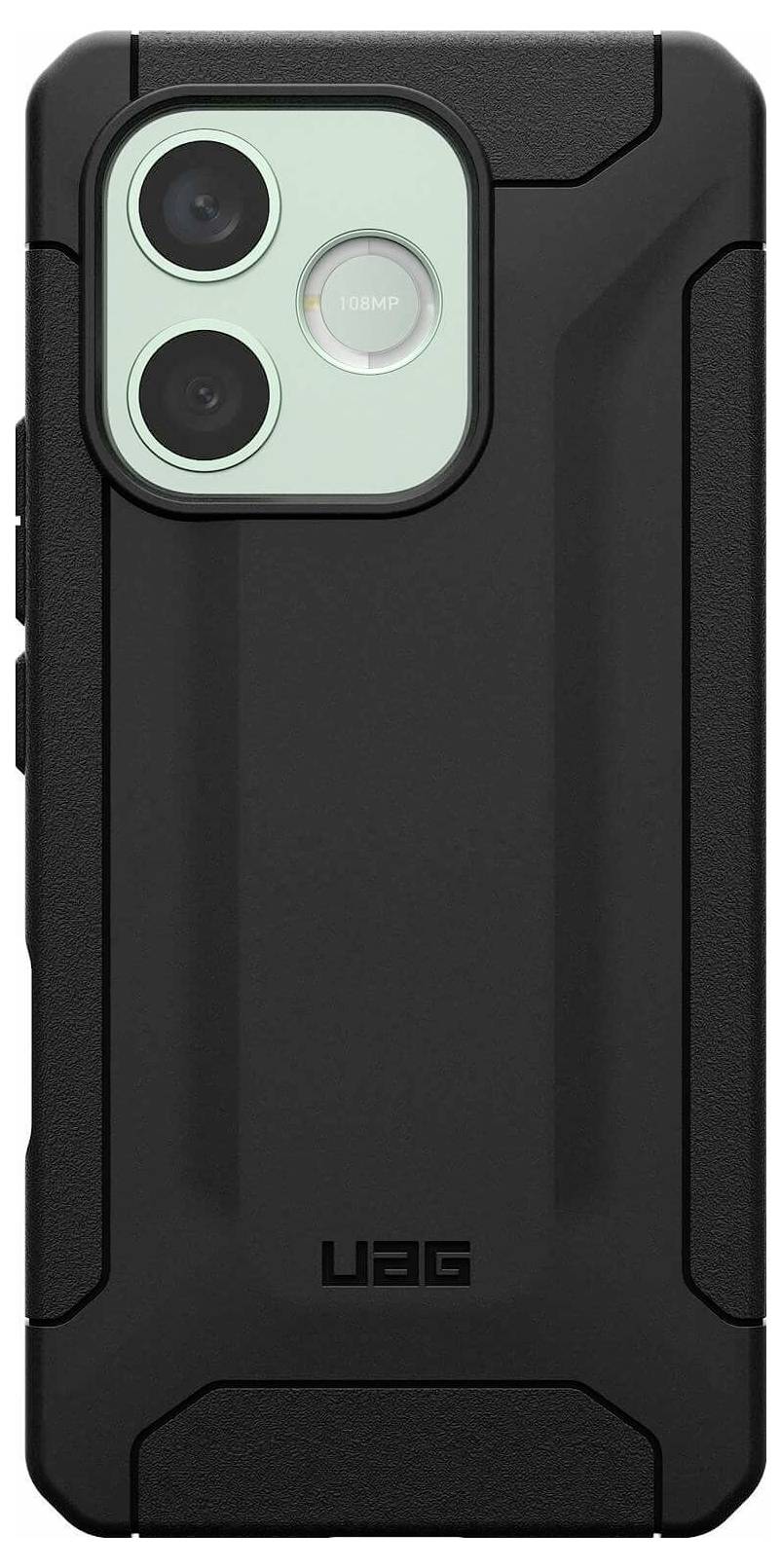 Schwarze UAG-Smartphone-Hülle mit Ausschnitt für Triple-Lens-Rückfahrkamera und robustem Schutzdesign.