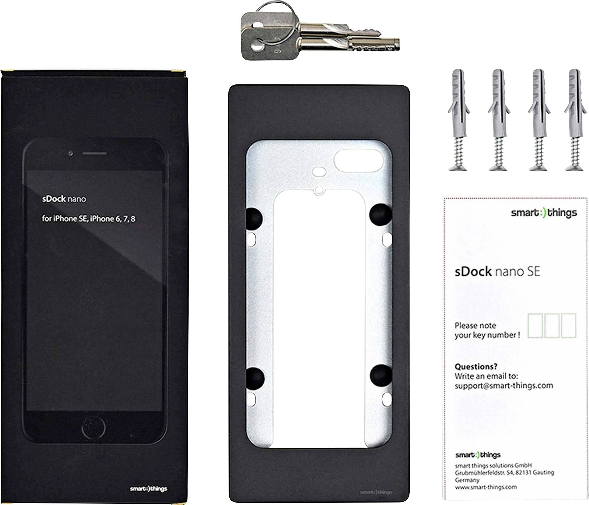 SmartThings sDock nano SE Wandmontageset für iPhone SE/6/7/8, mit Schloss, Schrauben und Anleitung.