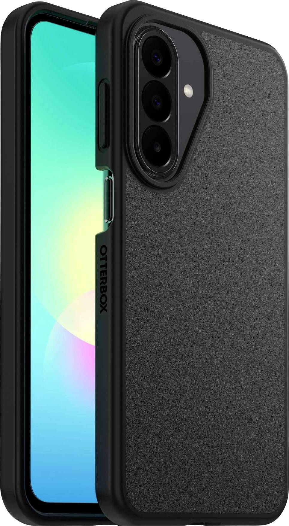 Zwei schwarze OtterBox-Handyhüllen, von vorne und hinten gezeigt, eine mit erhöhtem Kamereschutz, auf einem Smartphone.