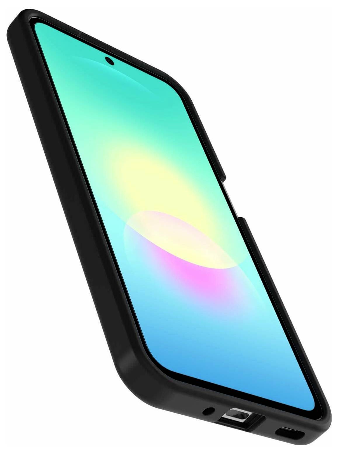 Smartphone in einem schwarzen Schutzgehäuse in schräger Perspektive dargestellt, mit hellem abstraktem Bildschirm und Kameraausschnitt.