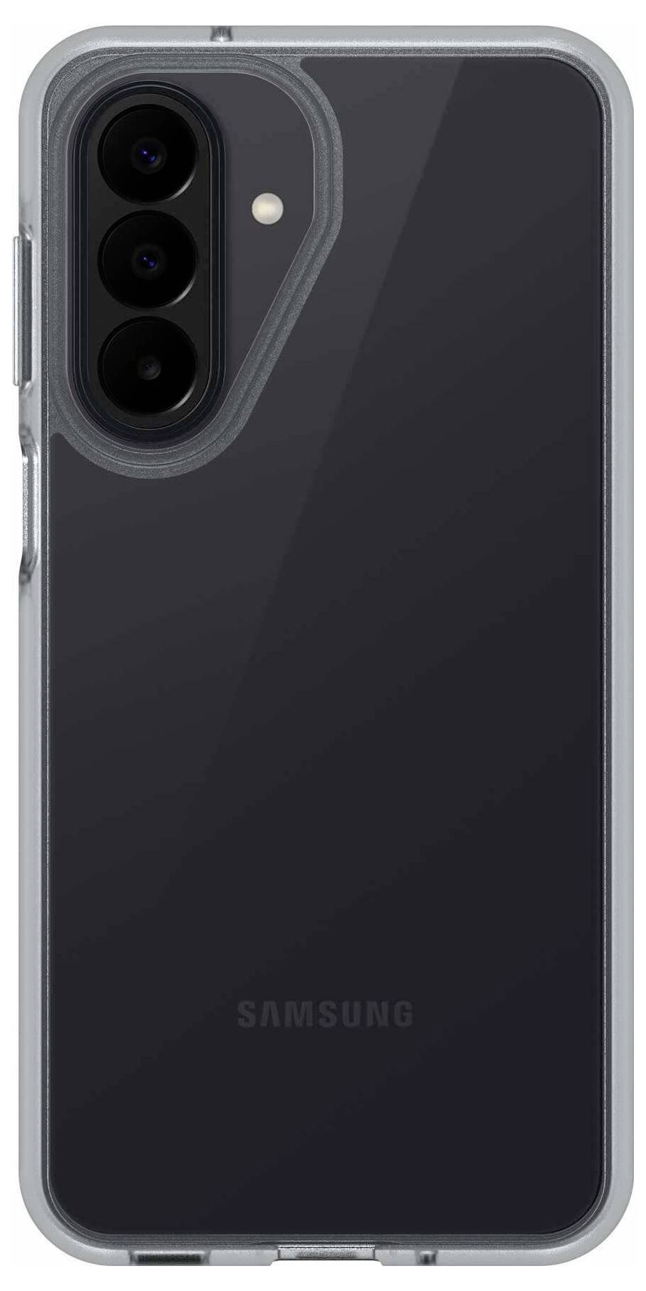 Rückansicht eines Samsung-Smartphones in einer transparenten Schutzhülle, die dreifache rückwärtige Kameras und Blitzlicht zeigt.