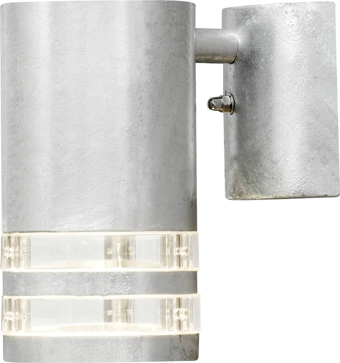 Nahaufnahme einer silbernen Außenwandleuchte mit zwei klaren horizontalen Lichtkörpern und einem seitlichen Montagarm.