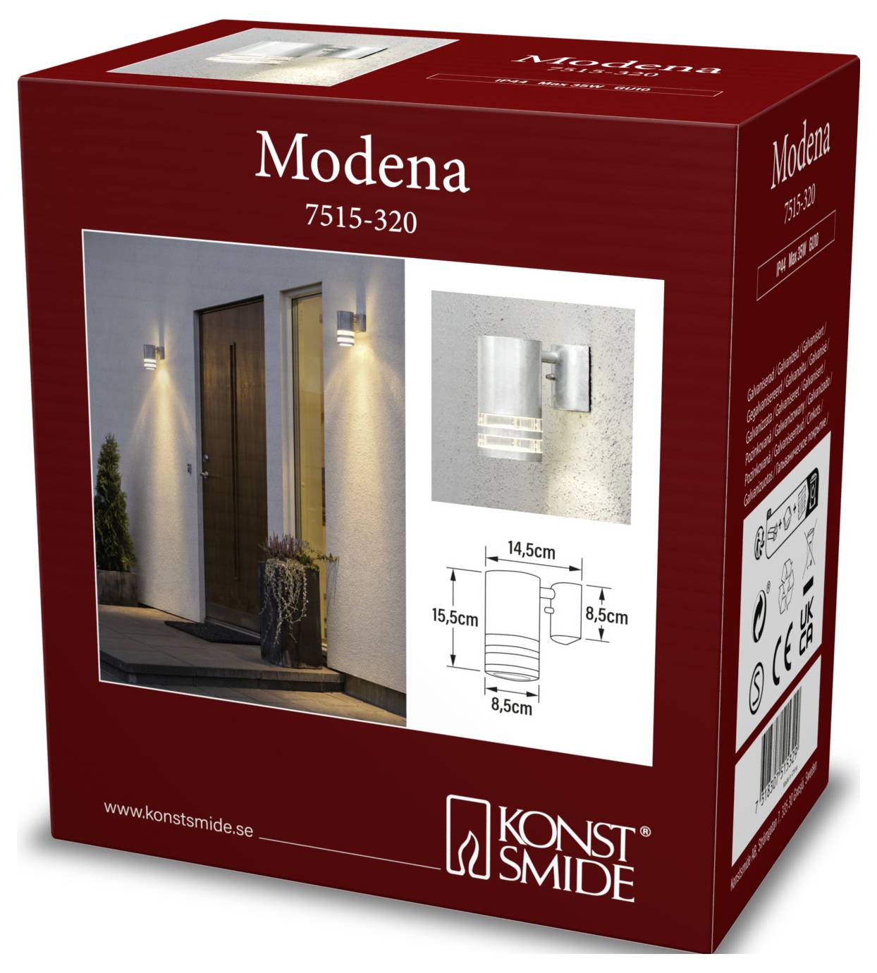 Rote Konst Smide 'Modena' Außenwandleuchte, Modell 7515-320, zeigt Produktfotos und Abmessungen.