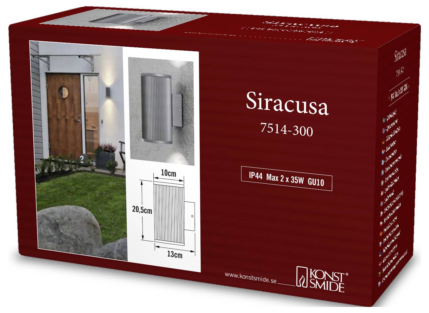 Rote Produktschachtel für 'Siracusa' Wandleuchte, Modell 7514-300, mit Foto, Abmessungen 10 cm x 20,5 cm x 13 cm und IP44 Max 2 x 35W GU10.