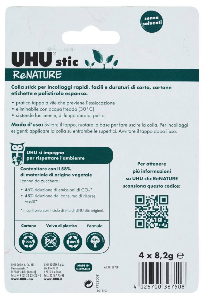 Produktpaket für UHU stic ReNATURE Klebestifte, zeigt umweltfreundliches Papier, Pappe und Polystyrol-Klebstoffinformationen sowie einen QR-Code für weitere Details.