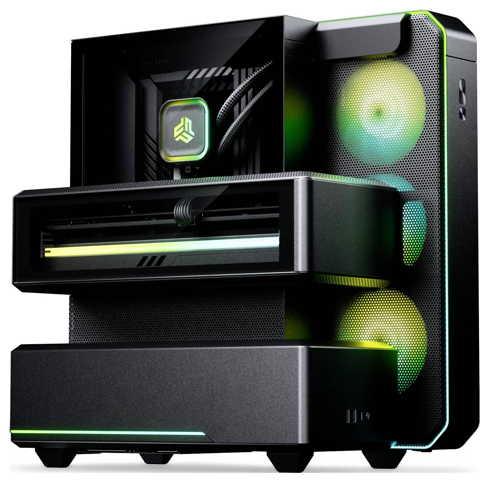 Futuristischer schwarzer Desktop-PC-Turm mit RGB-beleuchteten internen Komponenten und leuchtenden vorderen Lüftern, in einer Dreiviertelsicht vor weißem Hintergrund dargestellt.