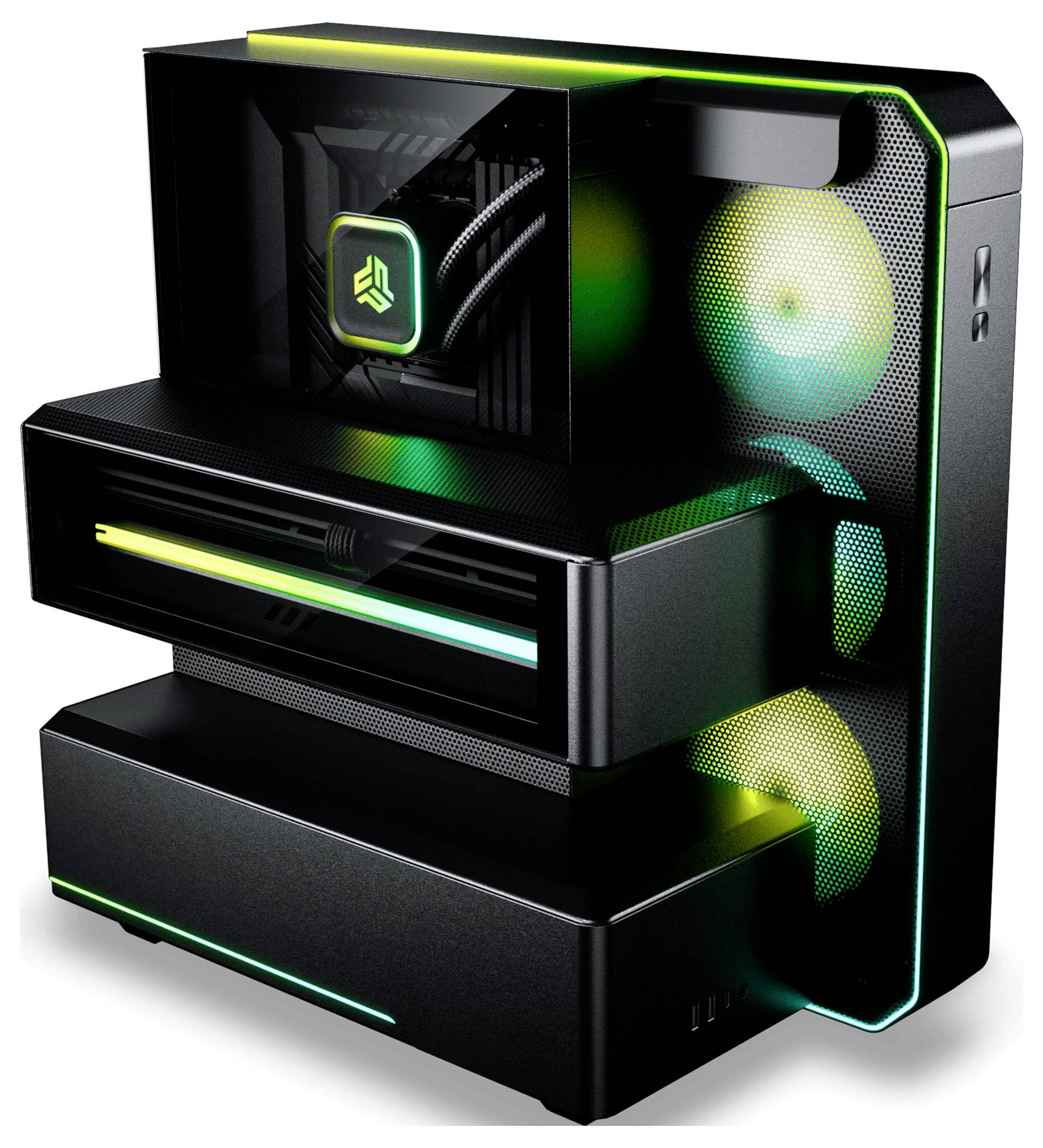 Gestapeltes schwarzes modulares Desktop-Computergehäuse mit leuchtenden grünen und cyan RGB-Lüftern, vorderer Lichtleiste und transparenter Seitenwand, die interne Komponenten zeigt.