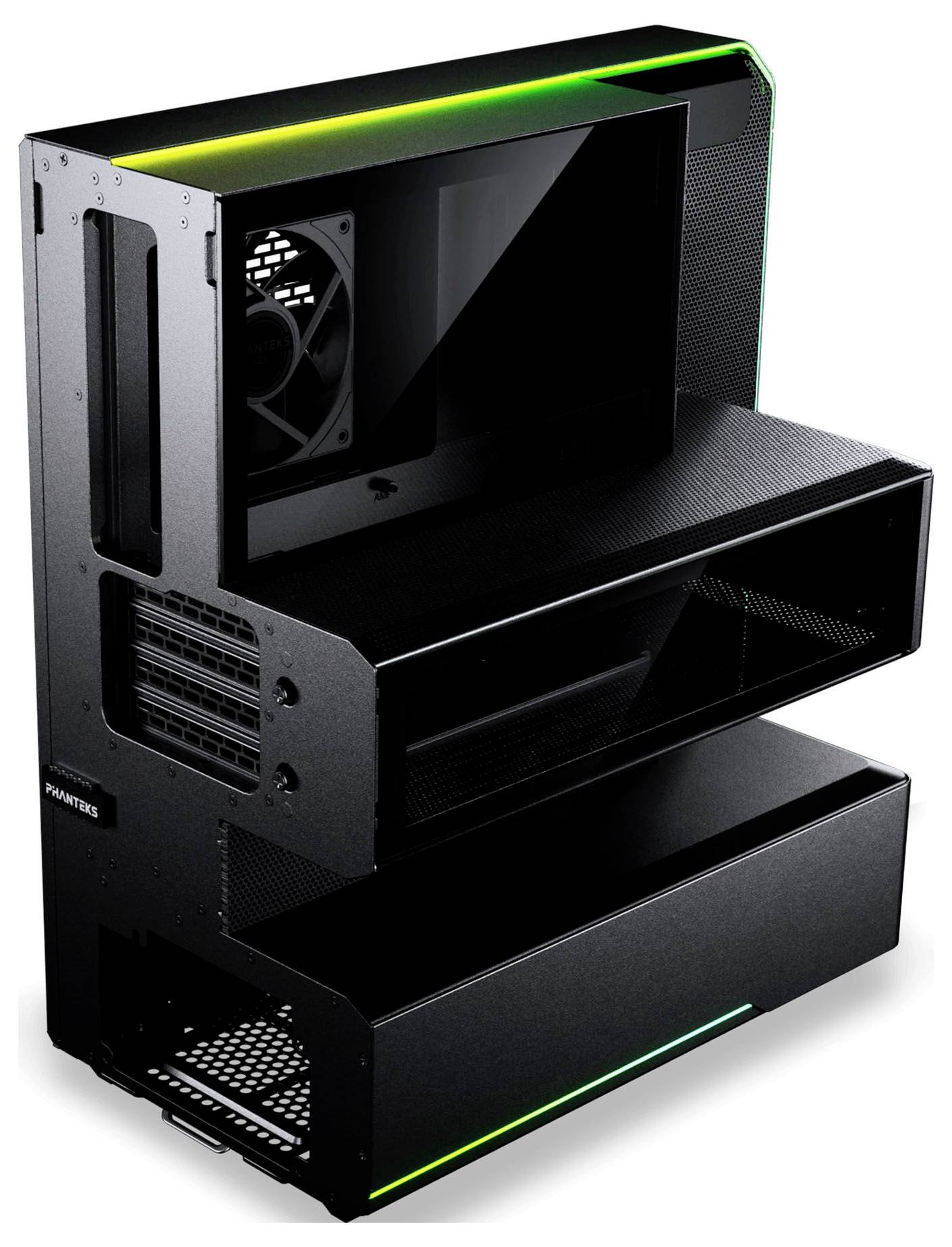 Schwarzes Gaming-PC-Gehäuse in einer Schnittansicht dargestellt, mit internen Fächern, einer hinteren Lüfteröffnung und grünen LED-Akzenten entlang der oberen und unteren Kanten.