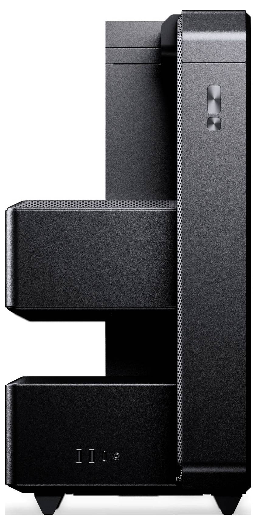 Schwarzer kompakter Desktop-Computerturm in der Seitenansicht vor weißem Hintergrund, mit einem hohen vertikalen Frontpanel und zwei übereinander gestapelten unteren Schächten.
