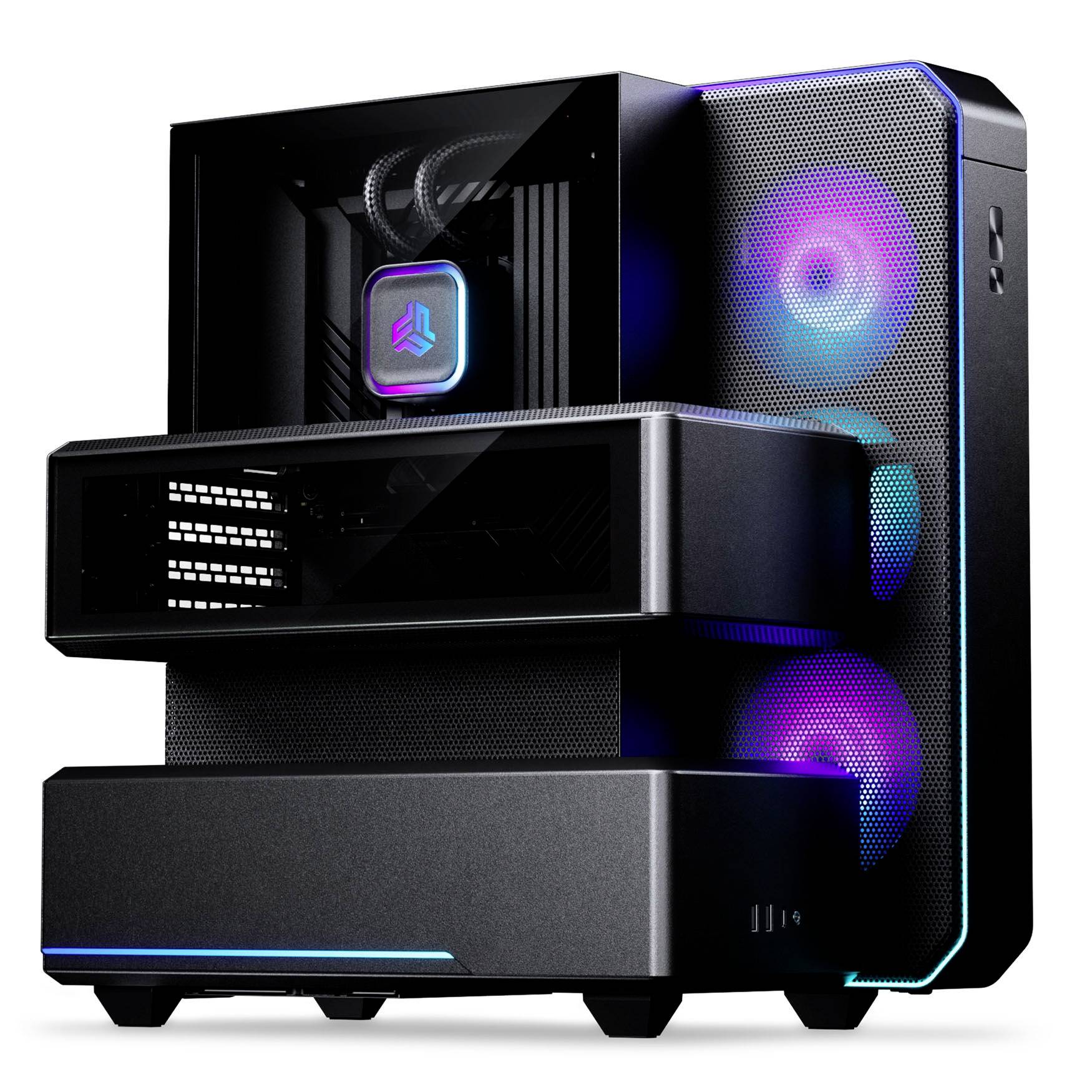 Stilisierter Gaming-Desktop-PC-Turm mit RGB-beleuchteter Vorderseite und Seitenlüftern, schwarzem Gehäuse und einem transparenten Anzeigekompartiment an der Vorderseite.