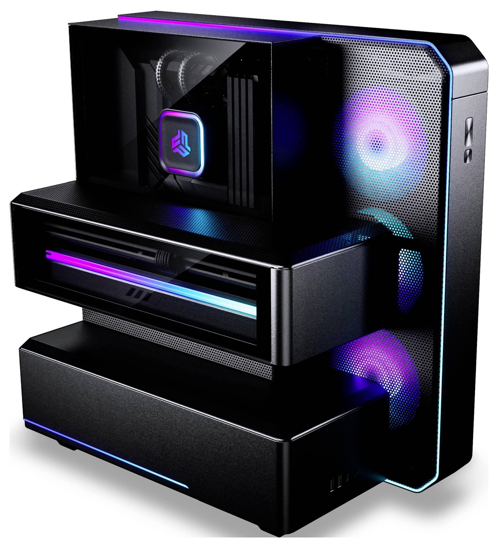 Stilisierter schwarzer Desktop-PC mit geschichteten Abschnitten und leuchtendem blauem, violettem und rosa RGB-Beleuchtung, dargestellt auf weißem Hintergrund.
